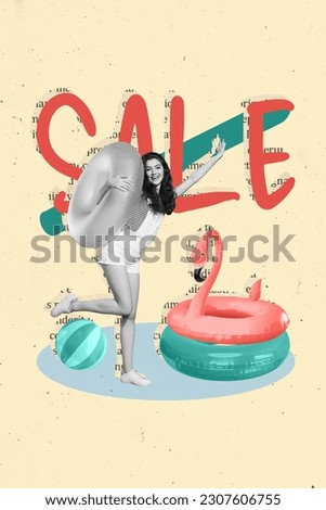 Vertical collage picture of excited black white colors girl hold inflatable ring swan ball sale limiter proposition isolated on beige background