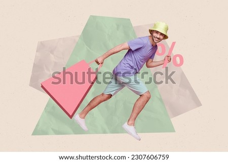 Creative collage of excited guy hold boutique mall bag big sale percent symbol rush isolated on painted background