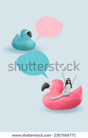 Vertical collage picture of excited mini black white colors girl sit big inflatable bird empty space dialogue bubble
