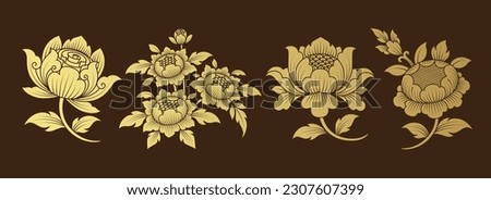 Set flowers asian style buddhism temple element and background pattern decoration motifs for ceiling pattern, flyers, poster, web, banner, and card concept vector illustration Royalty-Free Stock Photo #2307607399