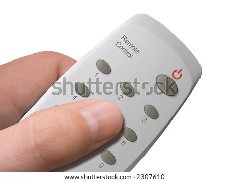Remote control with buttons 1-9 and Power in hand - isolated