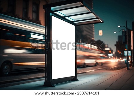 Empty billboard mockup at footpath or at roadside in city, side view blank billboard in city, Outdoor Advertising space in light box at bus stop in night, empty signage mockup Royalty-Free Stock Photo #2307614101