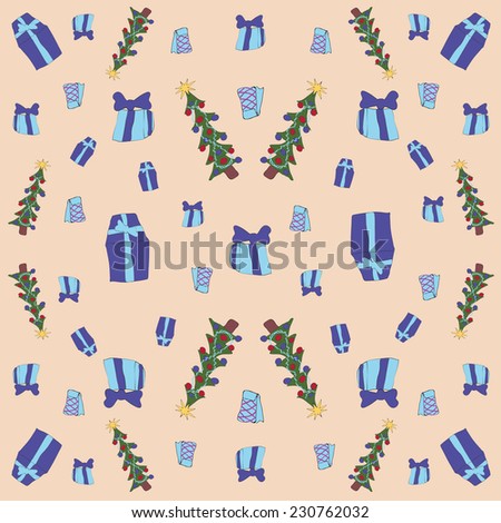 New packaging for gifts in the style of children's drawings of the primitive is a seamless pattern