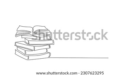 Continuous one line drawing of stack of books and open book with place for text. Single line of notebooks for background. Education, business, back to school hand drawn sketch design. Editable stroke Royalty-Free Stock Photo #2307623295