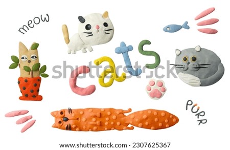 Handmade cartoon cats. Modeling clay pet set. Lettering cats, meow, purr.