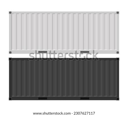 White and black containers for cargo transportation on a white background. Shipping container. Freight shipping container hanging on crane hook. Metal container. Royalty-Free Stock Photo #2307627117
