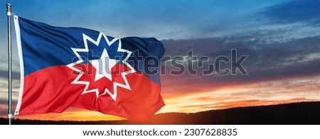 Juneteenth Flag with sunrise or sunset. Since 1865. Design of Banner with place for text.