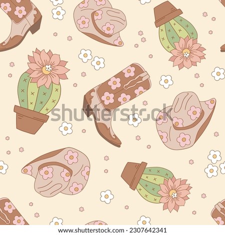 Groovy retro floral cowboy vector seamless pattern. Flower power western summer background. Royalty-Free Stock Photo #2307642341