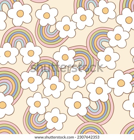 Groovy retro rainbow with florals vector seamless pattern. Flower power summer background.
