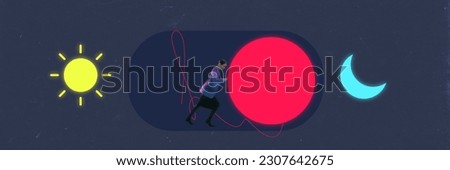 Woman trying to move Day and Night Mode Switcher. On and Off Switch Element for Mobile App, Web Design. Contemporary art collage. Light and Dark phone mode buttons for web design, mobile UI Interface Royalty-Free Stock Photo #2307642675