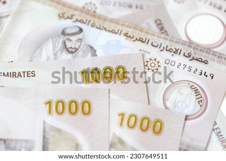 UAE dirhams, new paper banknotes of one thousand, closeup. High quality photo.