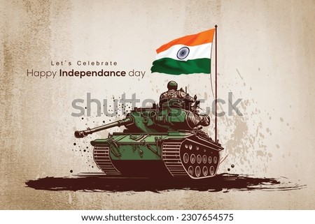 Vector illustration of Indian army day. Soldiers on fighter tank with tricolor flag and saluting celebrating victory Royalty-Free Stock Photo #2307654575