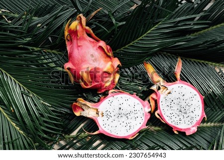 Fresh exotic fruits on green tropical palm leaves background. Sliced dragon fruit. flat lay, overhead. Healthy food and diet concept. Top view.