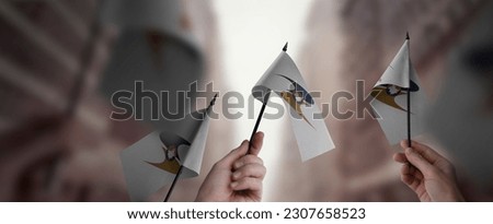 A group of people holding small flags of the Eurasian Economic Union in their hands. Royalty-Free Stock Photo #2307658523