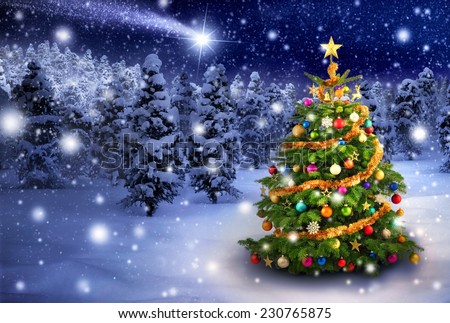 Magnificent colorful Christmas tree outdoor in a snowy night with a shooting star in the sky, for the perfect Christmas mood