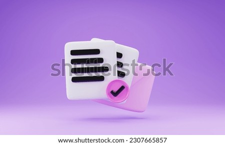 Mail with paper sheet and checklist icon isolated on purple background. 3d rendering illustration
