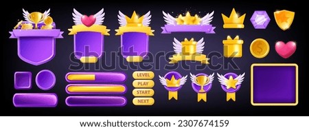 3D UI game asset set, vector button GUI interface design elements, mobile video app icon menu kit. Golden crown, winner star badge, window banner frame, level up border ribbon. UI game prize indicator Royalty-Free Stock Photo #2307674159