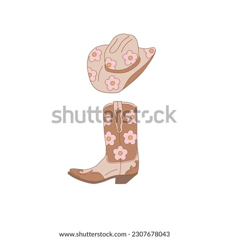 Floral cowboy boots hat vector illustration. Flower Power aesthetic design element for planner, sticker, scrapbook, poster, card , pattern, tee shirt