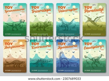 Dinosaur Toy Product Labels Template Set Abstract Vector Packaging Design Layouts Collection. Modern Typography with Prehistoric Volcano Landscape and Hand Drawn Dinosaurus Sketch Background. Isolated Royalty-Free Stock Photo #2307689033