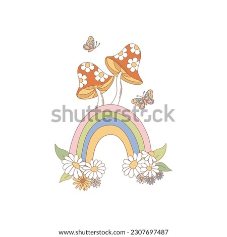 Flower Butterfly Rainbow Mushrooms arrangement Retro 70s 60s Groovy Hippie Flower Power vibes vector illustration isolated on white. Boho Summer retro colours floral print.