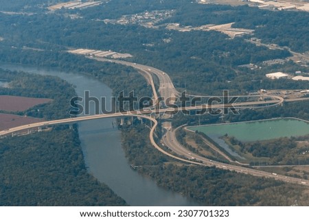 Richmond, Virginia, USA - Aerial view of the James River, I-95 and the Vietnam Veterans Bridge on Pocahontas Parkway I-895 in Chesterfield County south of Richmond.