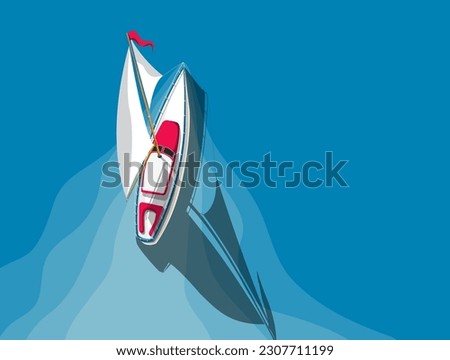 Sailing yacht on the open sea, top view vector illustration with copy space Royalty-Free Stock Photo #2307711199