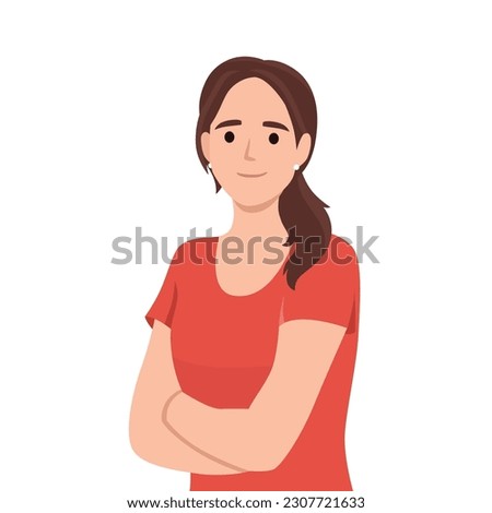 Confident and beautiful young woman in smart casual wear keeping arms crossed and smiling. Portrait of a young smiling woman. Woman folded hands. Flat vector illustration isolated on white background