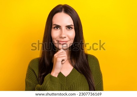 Photo of smart clever nice lady arm touch chin contemplate isolated on yellow color background