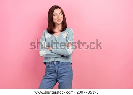 Photo of self confident lady worker look banner shopping arms crossed wear print cardigan jeans isolated pink color background