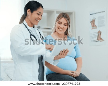 Healthcare, tablet and pregnant woman at a prenatal consultation for health in a medical clinic. Wellness, maternity and female pregnancy doctor speaking to a mother with a digital mobile in hospital Royalty-Free Stock Photo #2307741993