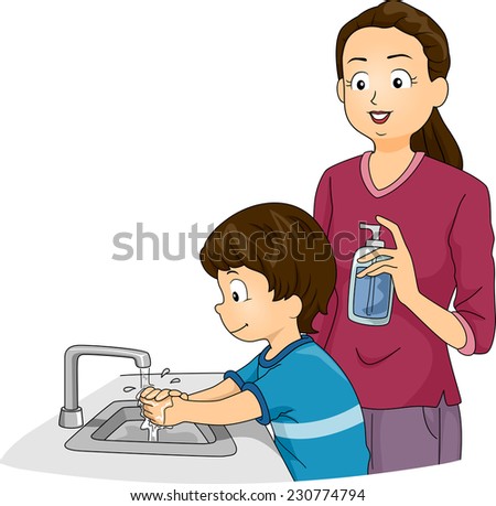 Illustration Featuring a Boy Washing His Hands While His Mother Watches