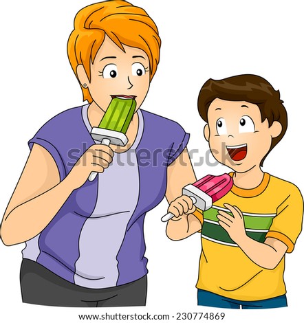 Illustration Featuring a Mother and Son Eating Popsicles