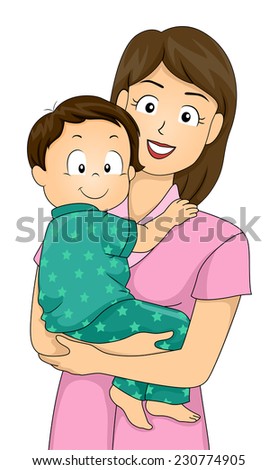 Illustration Featuring a Mother Carrying Her Pajama-Wearing Toddler