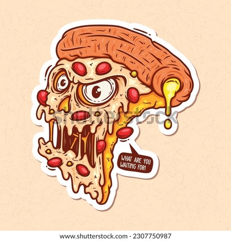 Pizza Monsters Hand Drawn Color Vector Doodle Illustration