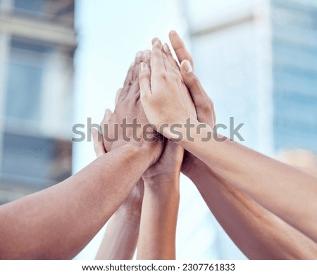 Team, high five and hands together of business people with goal and target success outdoor. Win, celebration and solidarity of staff with collaboration support and achievement with emoji hand sign Royalty-Free Stock Photo #2307761833