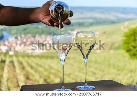 Tasting of premier cru sparkling white wine with bubbles champagne with view on green summer pinot noir, meunier vineyards of Hautvillers and valley of Marne river, France.