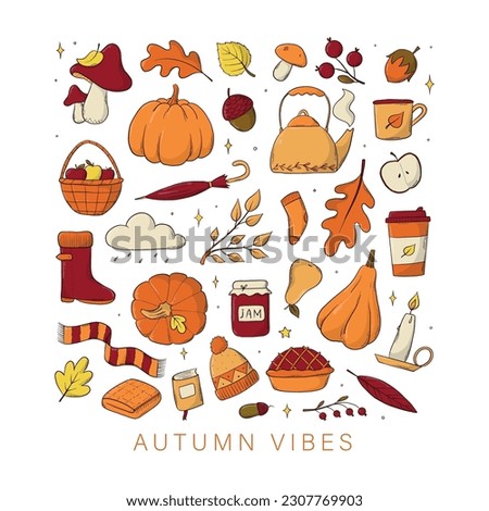 set of autumn and thanksgiving doodles, clip art, cartoon elements for stickers, sublimation prints, cards, posters, icons, etc. EPS 10