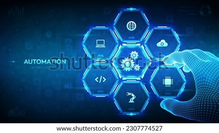 Automation Software. IOT and Automation concept as an innovation, improving productivity in technology. Wireframe hand places an element into a composition visualizing Automation processes. Vector. Royalty-Free Stock Photo #2307774527