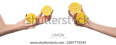The girl's hand holds a cut round slice of fresh tropical orange. An orange in a woman's hand on a white background is isolated. Orange slice. The girl gently holds a citrus in hand. 