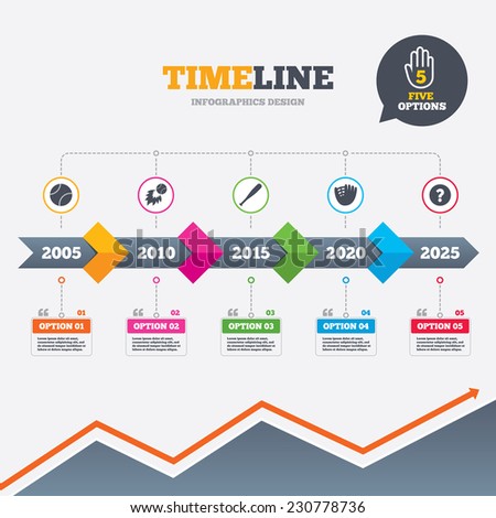 Timeline infographic with arrows. Baseball sport icons. Ball with glove and bat signs. Fireball symbol. Five options with hand. Growth chart. Vector