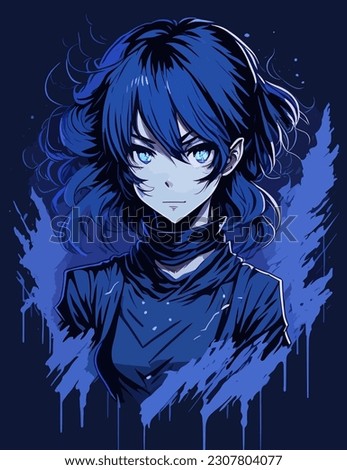 Portraitof an anime woman in dark blue colors, for a t'shirt design, strange vibe, vector illustration, pretty lady