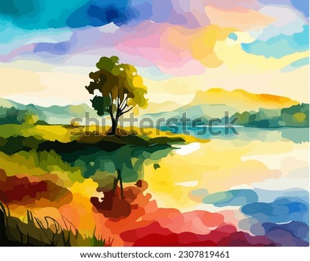 Abstract outdoor natural background, beautiful landscape colorful painting in watercolor style, vector EPS 10 illustration 