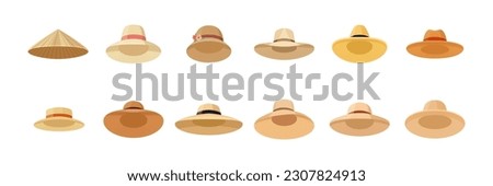Vector Straw Hats. Asian Non La, Female, Womens and Mens Hat, Cap Icon Set Isolated. Summer Beach Head Accessory, Traditional, Farmers Headdress Hat Collection in Flat Style. Front View Royalty-Free Stock Photo #2307824913