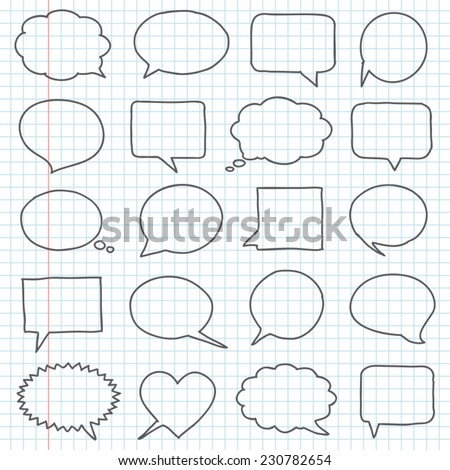 Hand drawn speech bubbles on a notebook sheet Royalty-Free Stock Photo #230782654