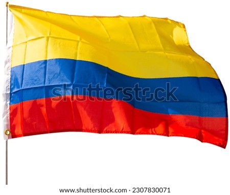 Yellow, blue, and red tricolor flag of Colombia, symbol of national culture and history, representing natural resources and country independence waving on flagpole. Isolated over white background
