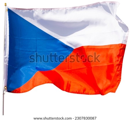 Large flag of Czech Republic fixed on metal stick waving. Isolated over white background