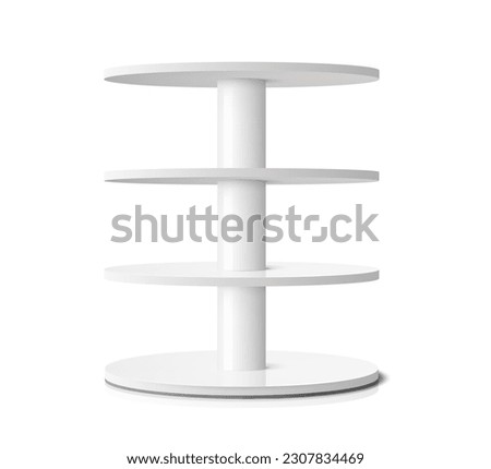 Round shelf, shop display stand or rack showcase. Isolated 3d vector pos rotating display for product presentation realistic mockup. Supermarket white store shelving model for production merchandising