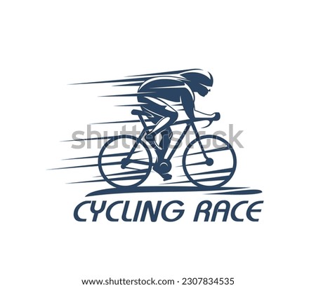 Cycling sport icon of bike racer on bicycle, bicyclist in helmet silhouette, vector symbol. Triathlon or cycling races team club badge, bicycle speed competition or athlete ride icon of cyclist Royalty-Free Stock Photo #2307834535