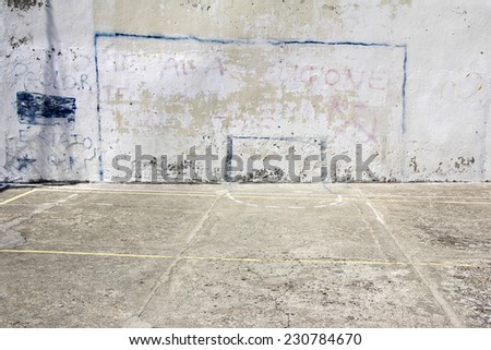 Soccer goal drawn on a wall on concrete playground in Corniglia, Italy