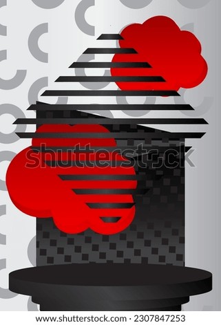 Black, white and red product display. Mockup cylinder pedestal podium. Abstract futuristic stage showcase for presentation. Realistic vector 3D room, sci-fi minimal geometric scene.